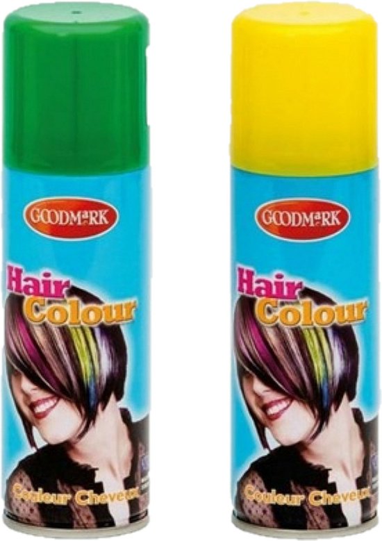 Twee Goodmark haarkleur sprays, één met groene dop en één met gele dop. Op de bussen staat een dame met veelkleurig geverfd haar.