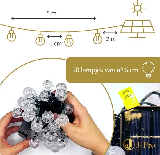 J-Pro Cristal 50 Warm Lichtsnoer Buiten op Zonne-Energie - Solar Tuinverlichting - Buiten Lichtslinger - 50 LEDs Tuinverlichting Zonne-Energie - 5+2m - ø2,5cm - J-Pro