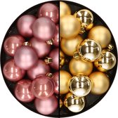 32x stuks kunststof kerstballen mix van oudroze en goud 4 cm - Kerstversiering