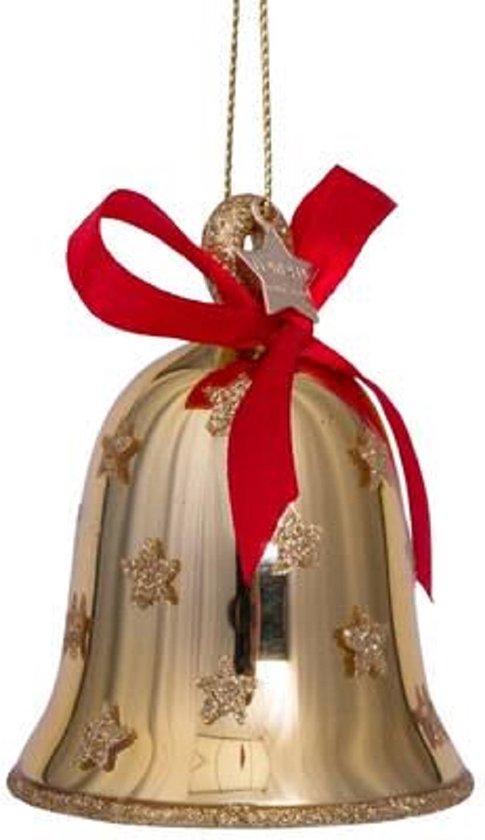 Ornament glass shiny gold bell w/red bow H8cm