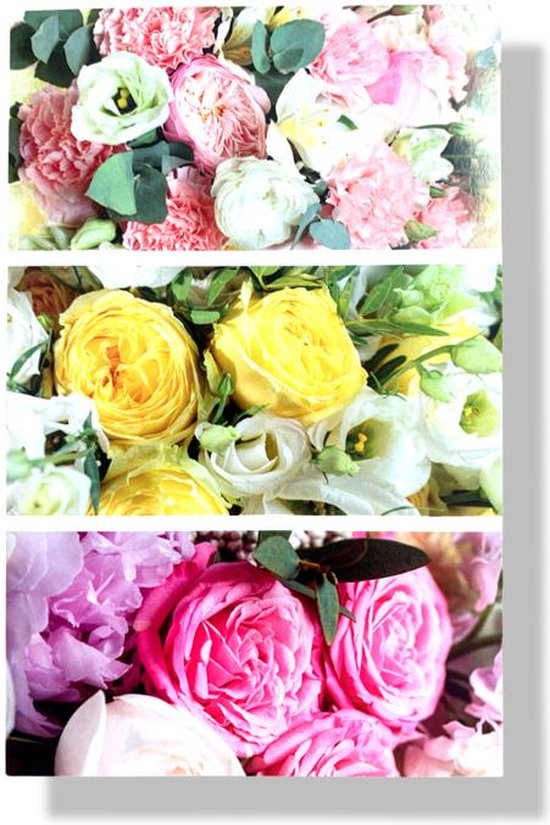 Drie fotostrips van bloemen: roze, gele en paarse bloemen.
