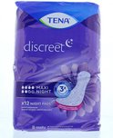 Paarse verpakking TENA Discreet Maxi Night, 12 nachtpads, met bloemenpatroon en productillustratie.