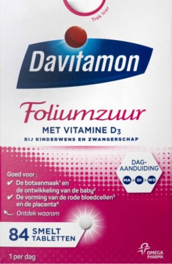 Davitamon Foliumzuur met Vitamine D3 - Voor -en tijdens zwangerschap - Voedingssupplement - 84 stuks - Davitamon
