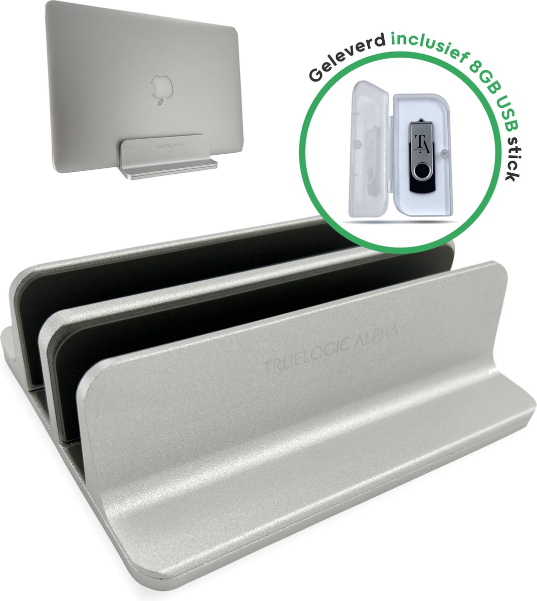 TrueLogic Alpha verticale laptop standaard - Geleverd inclusief 8GB USB stick - Laptop houder - Tablet standaard - Laptop standaard verstelbaar - Aluminium - Zilver