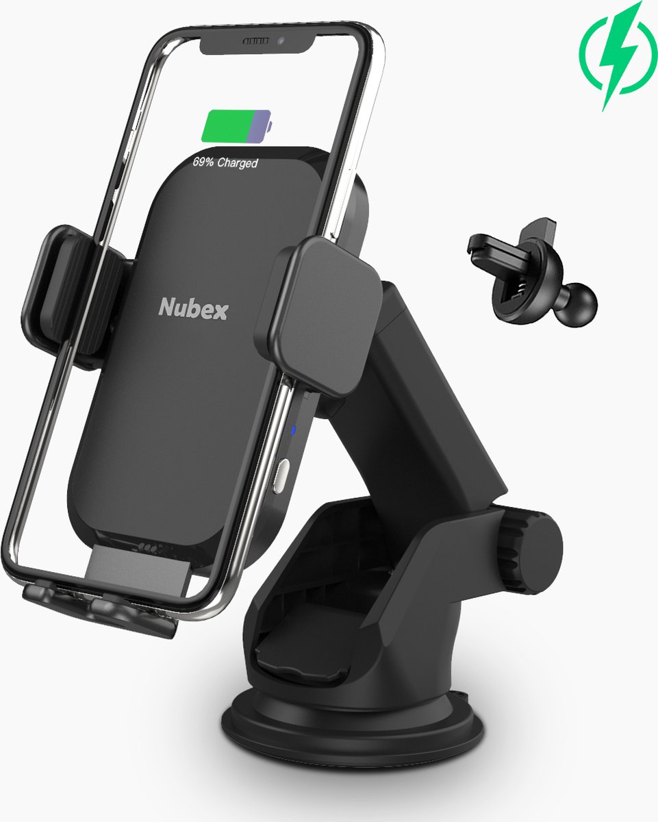 Nubex Telefoonhouders Auto met Zuignap - Met Draadloze Oplader (15W Snelladen) - Ventilatierooster, Raam, Dashboard - GSM Houder - Universeel