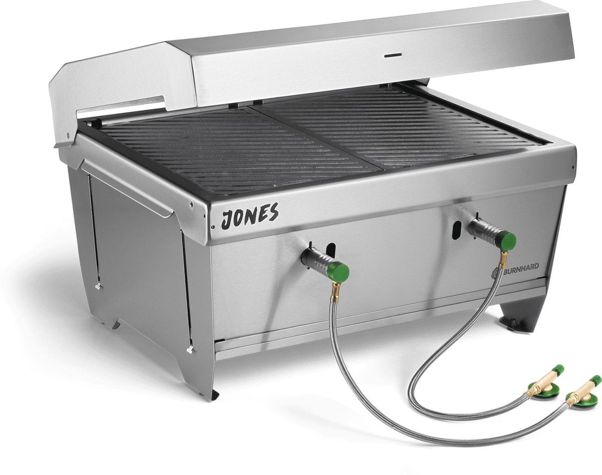 Burnhard Inklapbare 2-Branders Gasbarbecue, 6,4 kW - 500°C - RVS - Incl. tas en multitool - Jones met Deksel