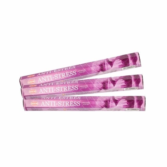 Drie pakjes HEM Anti-Stress wierookstokjes met roze paarse patronen.