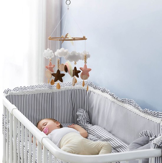 Kersvers - Box mobiel - mobiel baby roze - Baby Mobile - Regenboog Babykamer - Sterretjes - Wolkjes - Vilt - Wieg - Roze - beige - zonder muziekarm - box mobiel meisjes - muziekmobiel — afbeelding 5