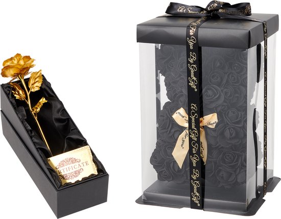 GreatGift® - Rose dorée dans une boîte de Luxe avec ours en rose noire - Fleurs - Cadeau d'anniversaire - Fête des mères - Saint Valentin - Amour - Or - Cadeau pour femme
