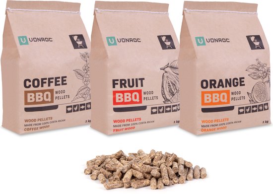 VONROC Rookpellets BBQ – Mixpakket met 3 exotische houtsoorten: sinaasappel, koffie en tropisch fruit -  100% natuurlijk – 3kg - VONROC