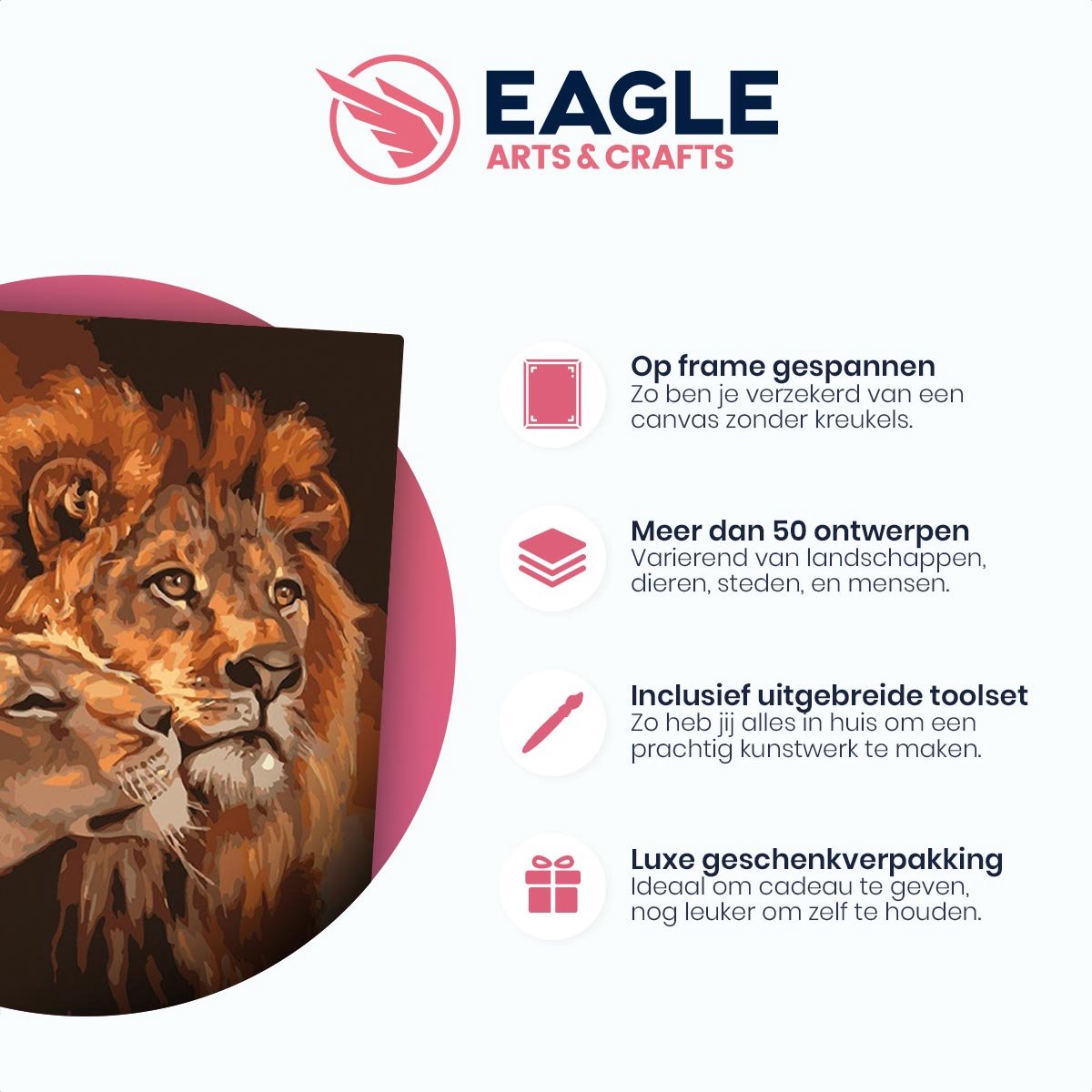 Eagle® Schilderen op Nummer Volwassenen - Leeuwen - Gespannen op Frame - 50x40cm — afbeelding 3