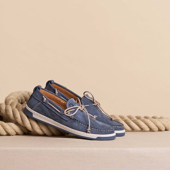 Foto: Travelin falmouth dames leren moccasins met veter bootschoenen instappers blauw leer