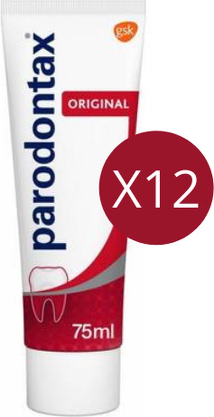 Tube Parodontax Original tandpasta van 75ml, met een rood-wit gestreept ontwerp, tandlogo en "X12" aanduiding.