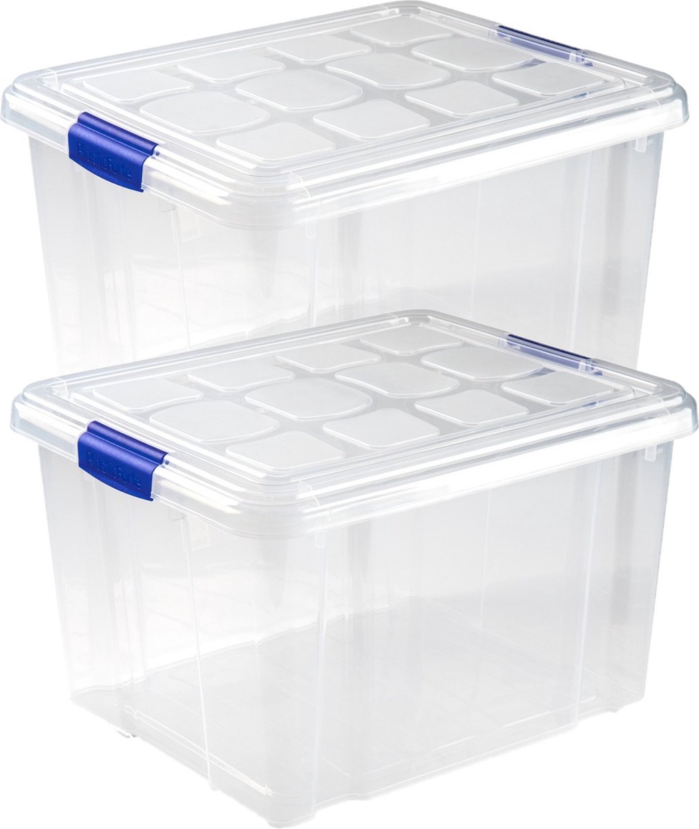 PLASTICFORTE Opslagbakken met deksel - 4x stuks - 25 liter - 42 x 36 x 25 cm - Organizers - transparant - kunststof