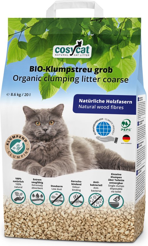 CosyCat BIO kattenbakvulling klontvormend - GROVE korrel 20L - voor  langharige katten | bol