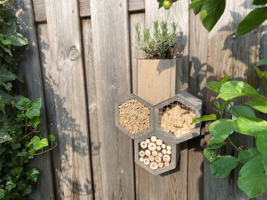 Houten bijenhotel met drie honingraatsecties, geplaatst tegen een houten schutting met een plantenbak erboven.