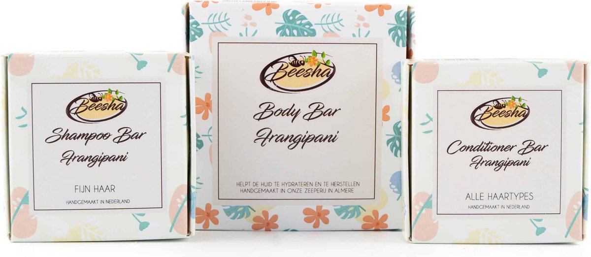Beesha Giftbox Frangipani | Bevat een Shampoo, Conditioner, en Body Bar | 100% Plasticvrije en Natuurlijke Verzorging