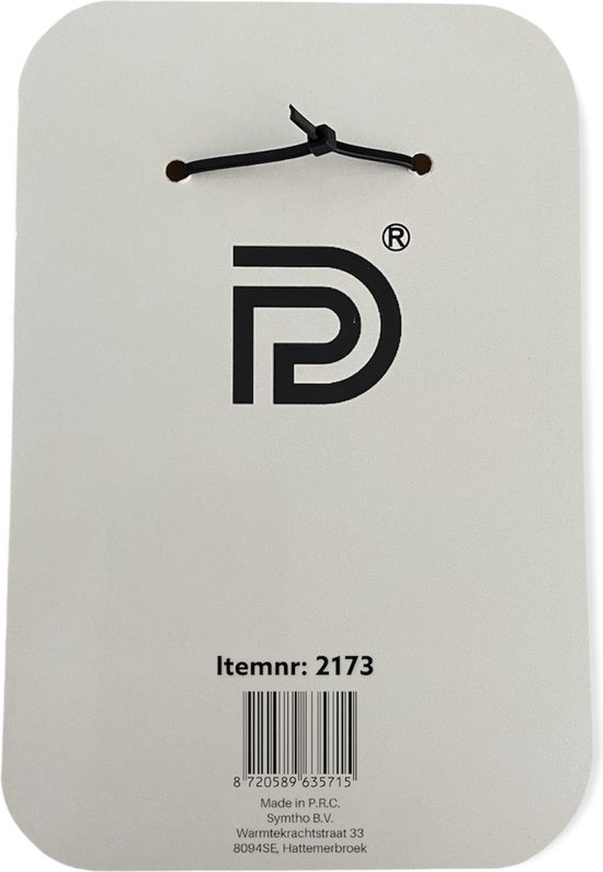 Witte verpakking met logo 'PD' en itemnummer 2173, met touwtje.