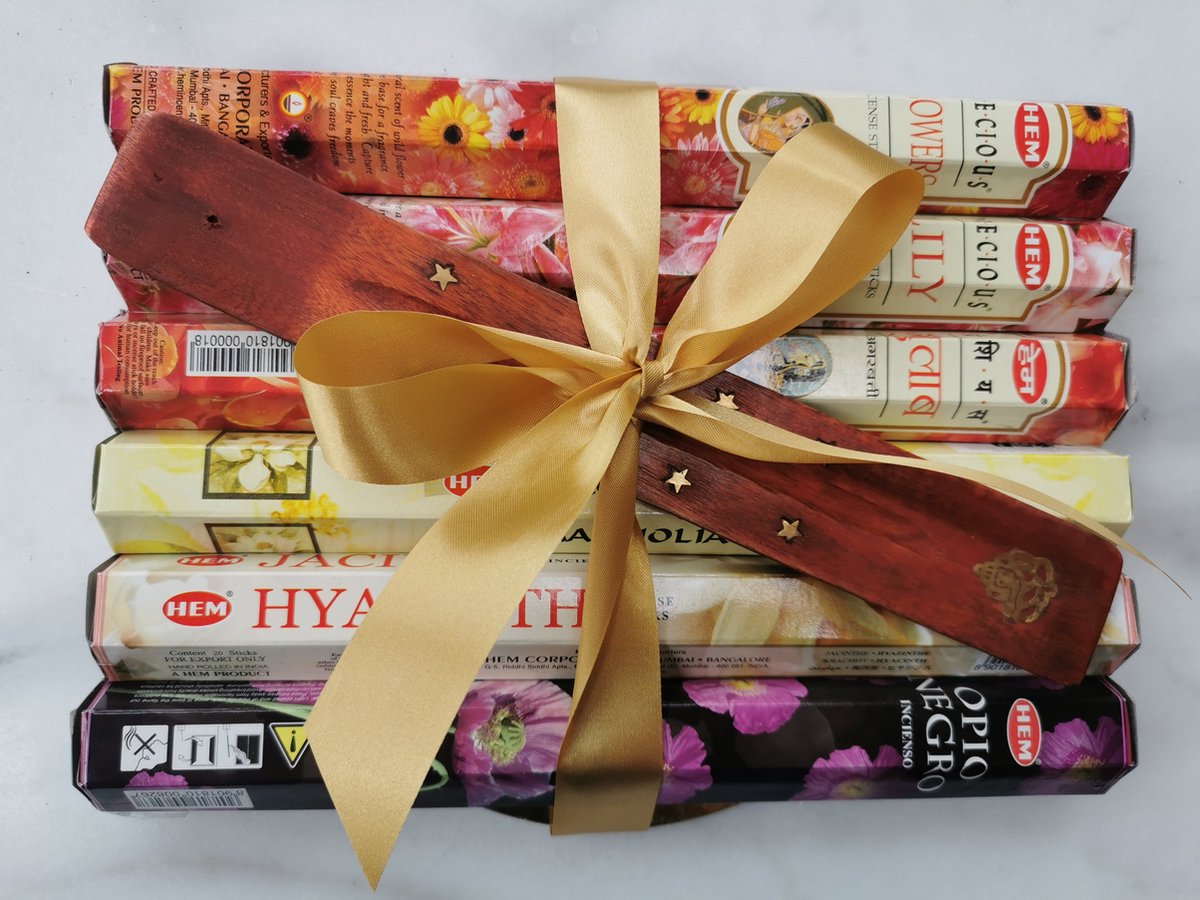 Set van 6 doosjes Hem wierook in bloemengeuren met wierookplankje in hout in geschenkverpakking
