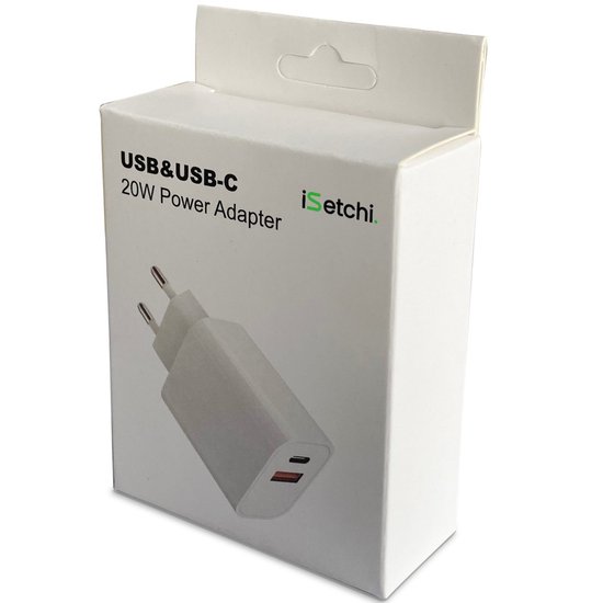 iSetchi USB Oplader 20 Watt USB-C + 18 Watt USB (Snellader) - Geschikt als Adapter Voor iPhone 12/13/14 , Samsung Galaxy, Android , Universeel - Lader voor Alle Telefoons - Oplader - Wit - iSetchi