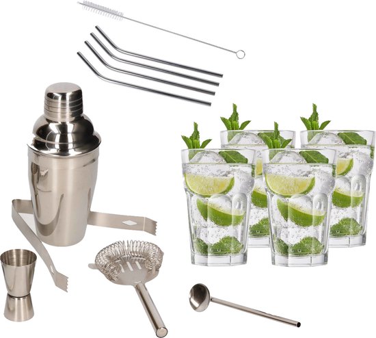 Cocktailshaker set RVS 5-delig - Inclusief 4x cocktailglazen 350 ml - Met 4x RVS rietjes met reinigingsborsteltje