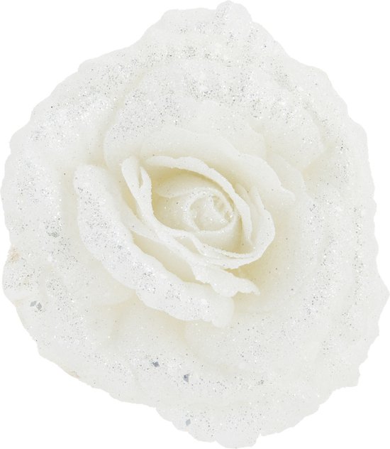 1x stuks decoratie bloemen roos wit glitter op clip 18 cm - Decoratiebloemen/kerstboomversiering/kerstversiering