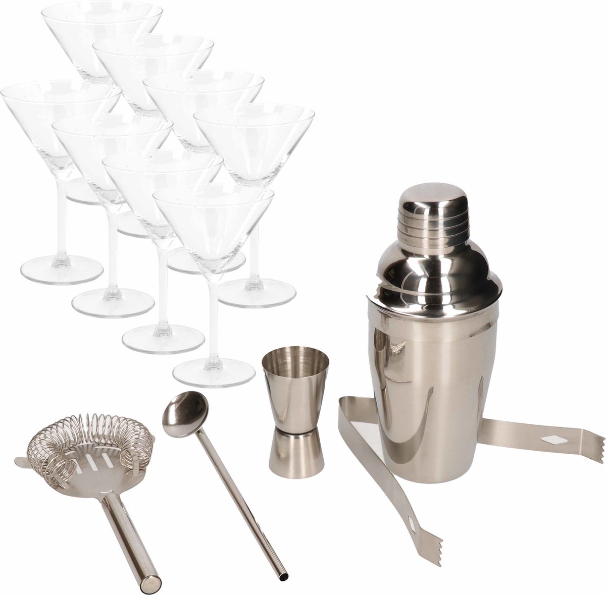 Cocktails maken set - 5-delige cocktailshaker set met 8x luxe cocktailglazen/Martiniglazen 260 ml