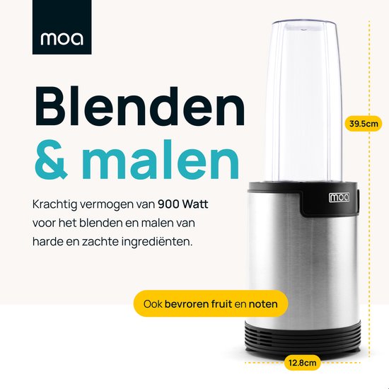 MOA Blender en Grinder - Blender to go - 2 grote + 1 kleine beker - Smoothie maker - 900W - MB02 - MOA