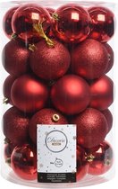 Kerstballen set - 34 stuks - rood - kunststof - glans en mat - 8 cm