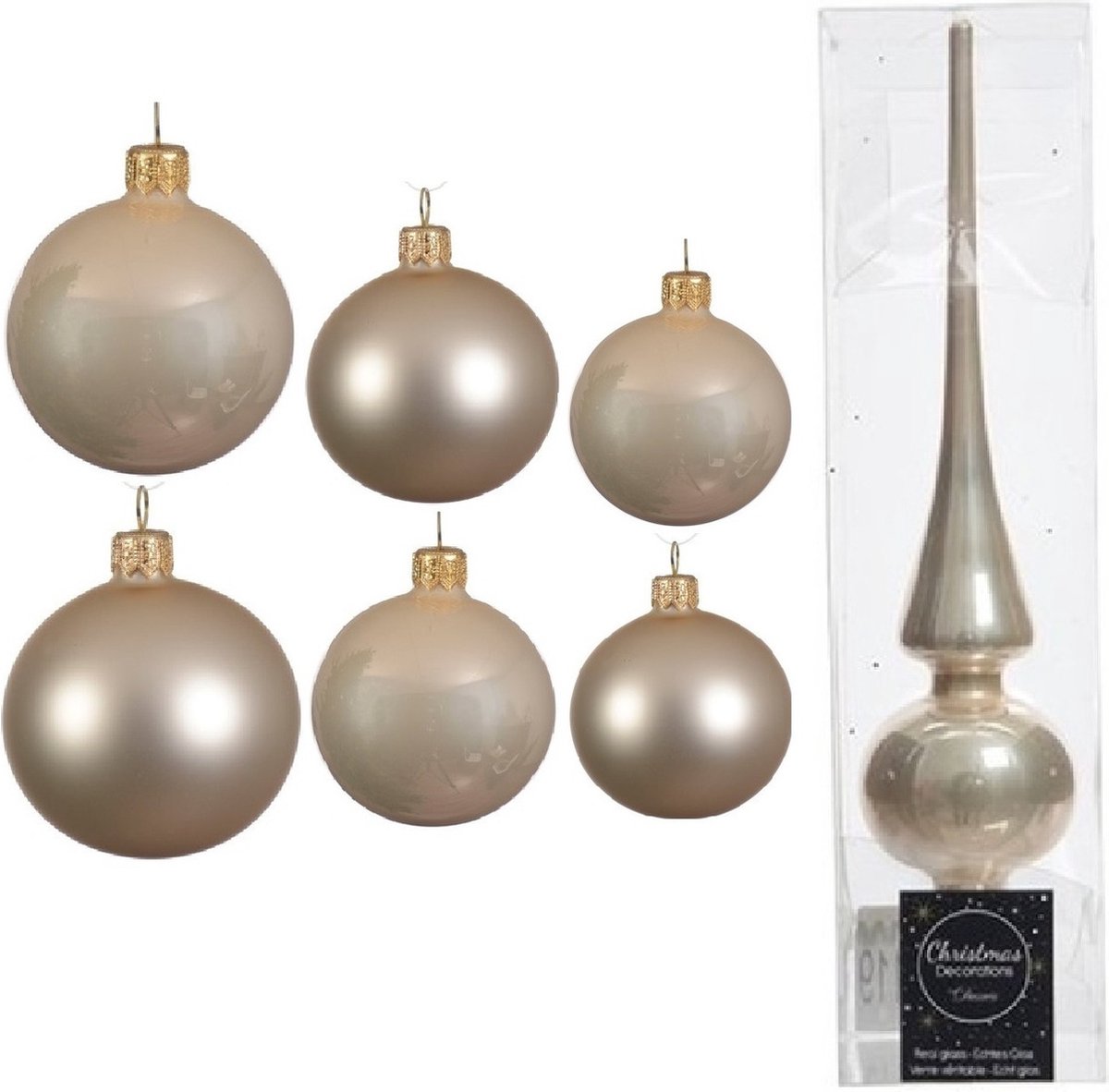 Groot pakket glazen kerstballen champagne glans/mat 50x stuks - 4-6-8 cm incl piek glans 26 cm