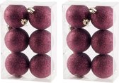 12x Aubergine roze kunststof/plastic kerstballen 6 cm - Glitters - Onbreekbare kerstballen - Kerstboomversiering aubergine roze