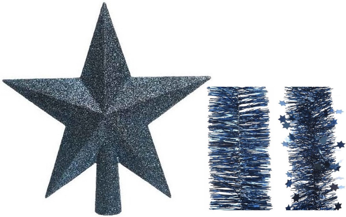 Kerstversiering donkerblauw kunststof glitter ster piek en folieslingers pakket - 3x stuks, 19 cm - Decoris