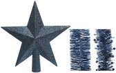 Kerstversiering kunststof glitter ster piek 19 cm en folieslingers pakket donkerblauw van 3x stuks - Kerstboomversiering