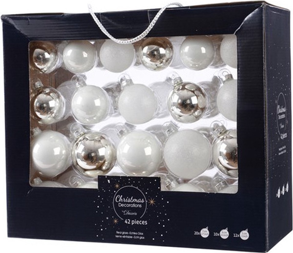 Decoris glazen kerstballen 42x wit zilver - 5-6-7 cm - inclusief zilveren piek - mat glanzend glitter - kerstversiering – foto 2