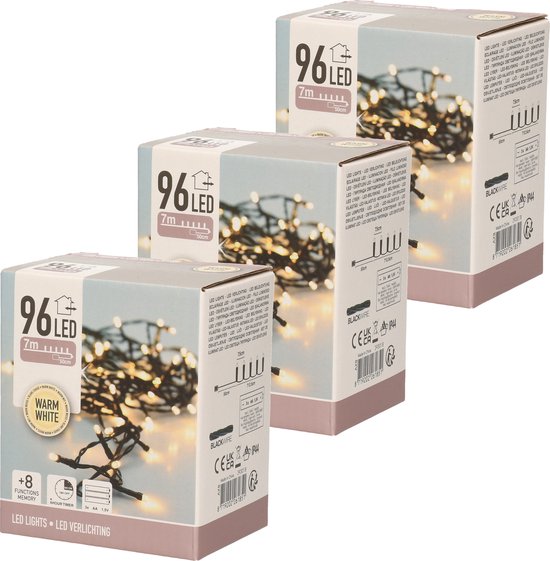 6x Kerst LED-verlichting met timer op batterij warm wit buiten - 96 lampjes - 7 m - Kerstboomverlichting