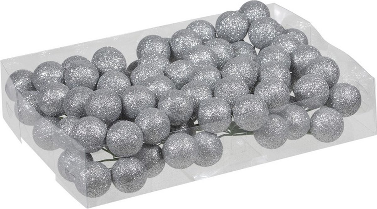 Kerstballen stekers - 80x - zilver - glitter - kunststof - 3 cm - Kerststukje maken onderdelen