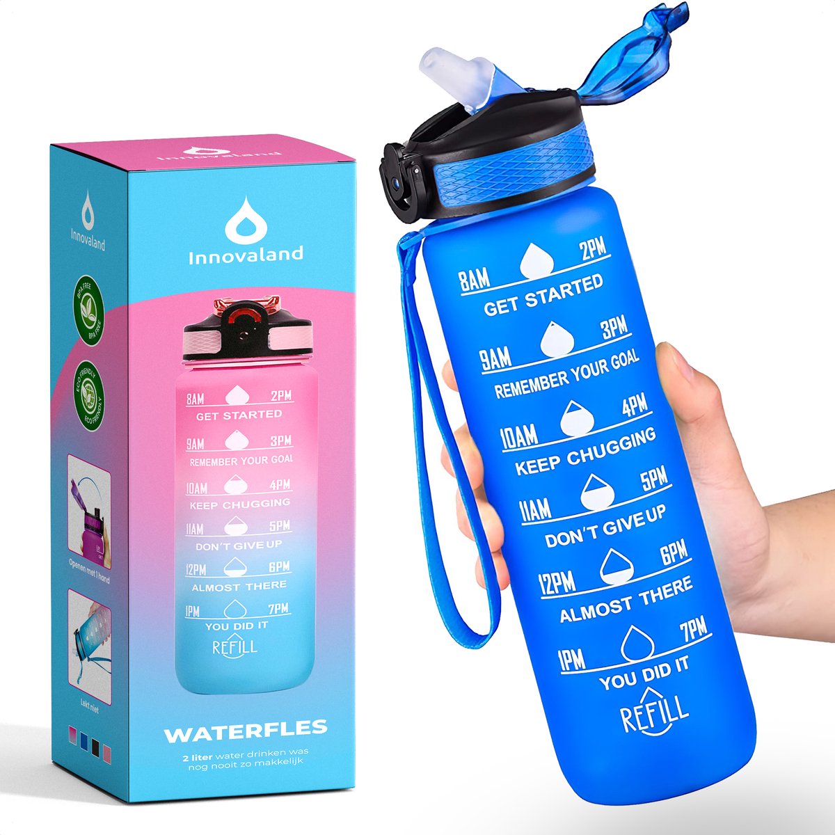 Innovaland Motivatie Waterfles Blauw - 1 Liter Drinkfles - Waterfles met Rietje - Waterfles met tijdmarkering - BPA Vrij - Volwassenen - Kinderen