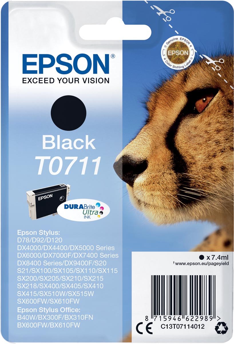 Epson inktcartridge T0711, 245 pagina's, OEM C13T07114012, zwart 10 stuks