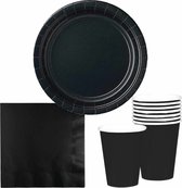 Tafel dekken feestartikelen in kleur zwart -24x bordjes/24x drink bekers/40x servetten van papier - Gedekte tafel feestartikelen
