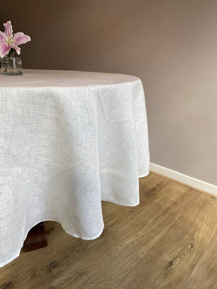 Linen round White tablecloth - natural 100% linen - diameter 218cm - natuurlijk linnen tafelkleed