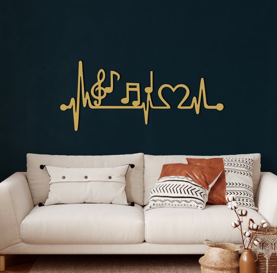 Wanddecoratie | Ekg Muziek  / Ekg Music | Metal - Wall Art | Muurdecoratie | Woonkamer |Gouden| 60x26cm