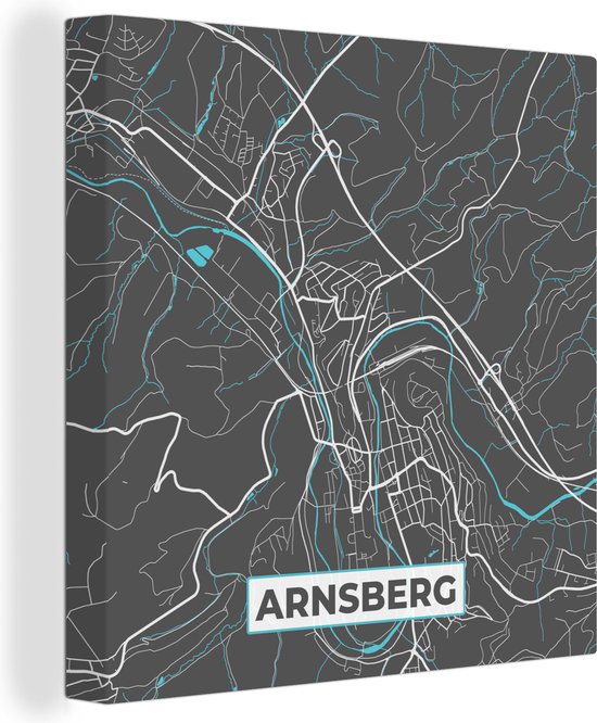 Canvas Schilderij Stadskaart – Kaart – Arnsberg – Blauw – Duitsland – Plattegrond - 90x90 cm - Wanddecoratie