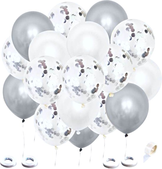 Joya® 40 stuks Zilver, Wit & Zilveren Papieren Confetti Helium Latex Ballonnen | Metallic Chrome | Feest Decoratie | Verjaardag Versiering | Papieren Confertti