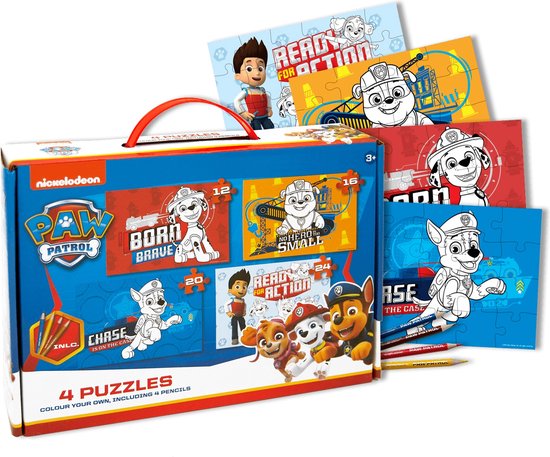 Paw Patrol Kleur je eigen 4 verschillende Legpuzzels in koffer 20x28cm
