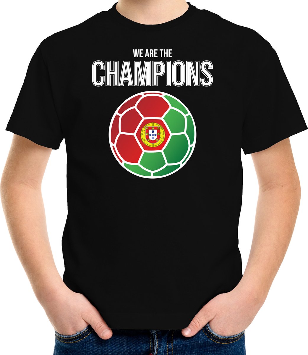 Portugal supporter t-shirt - we are the champions - Portugese vlag voetbal - zwart - kinderen - kleding 110/116