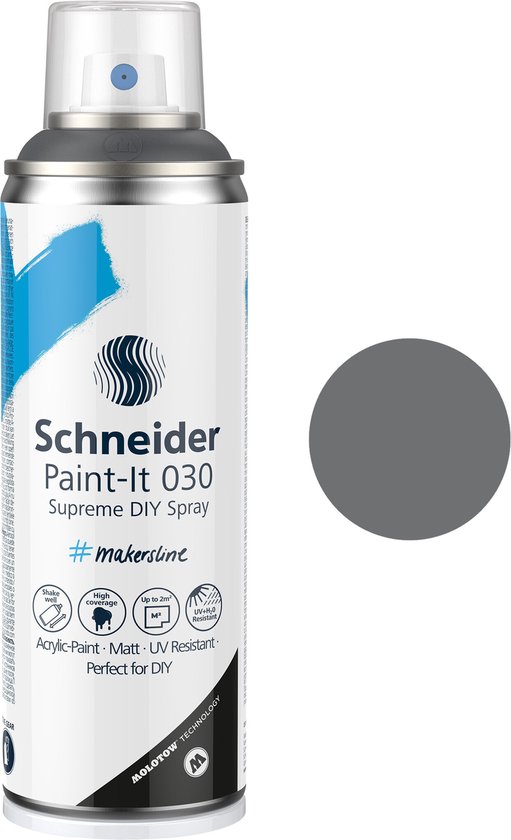Schneider Paint-It 030 spuitbus, donkergrijs. Hoge dekking, mat, UV-bestendig.
