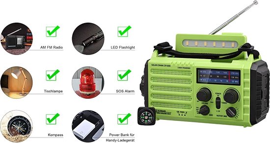 Feegar Oze 3 Pro Draagbare zwengelradio op zonne-energie, noodgevallen, handslinger, weerradio met AM/FM, 8000 mAh, handslinger, noodgevallen, radio, zaklampen, bewegingssensor, leeslamp, USB-mobiele