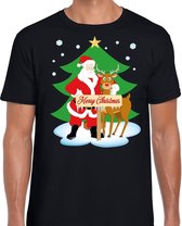 Foute Kerst t-shirt met de kerstman en rendier Rudolf zwart voor heren L