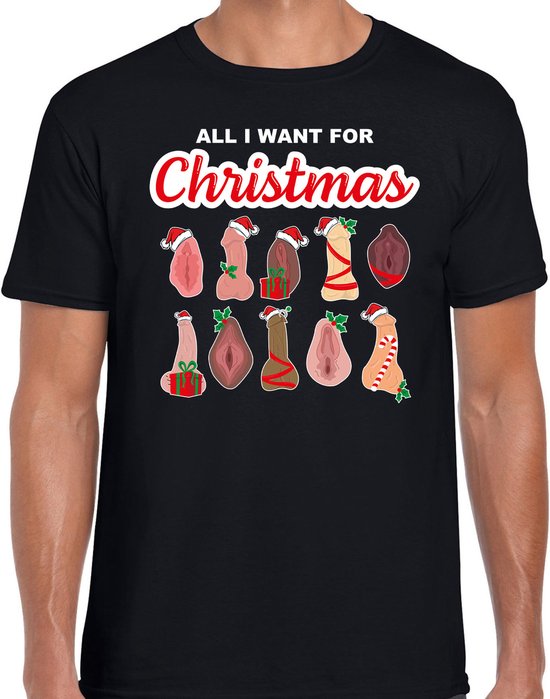 Foto: Bellatio decorations foute kersttrui t shirt heren all i want for christmas piemel vagina zwart xl