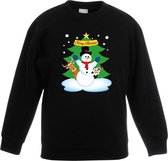 Zwarte kersttrui met een sneeuwpop en zijn dieren vriendjes voor jongens en meisjes - Kerstruien kind 170/176